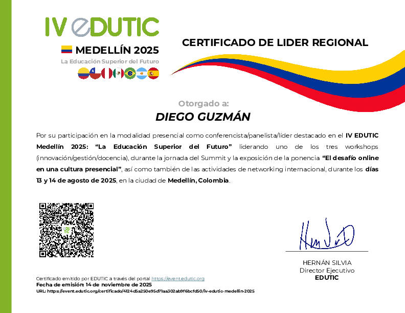 Certificado | Líder Regional Workshop | IV EDUTIC Medellín 2025